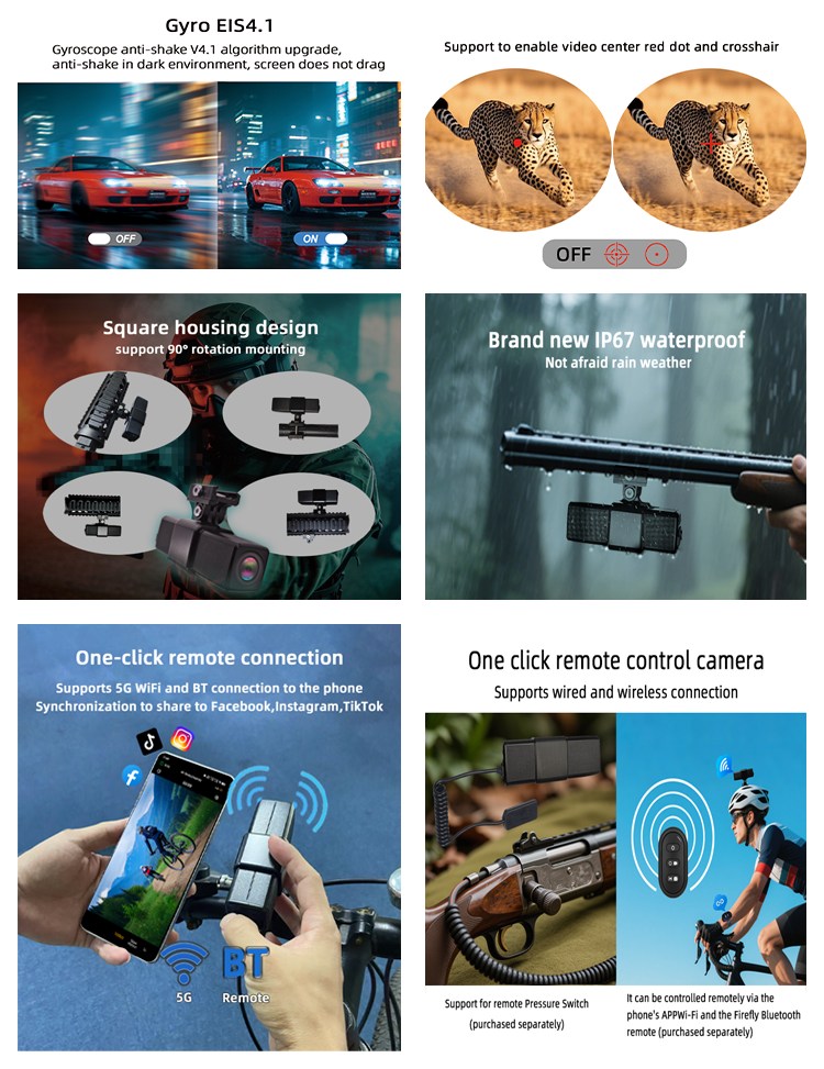 2025New FIREFLY Q8 Action Camera IP67 Waterproof EIS4.1 Anti-shake 5G WiFi Remote Connection for Helmet Bike Airsoft Hunting Camera(图2)